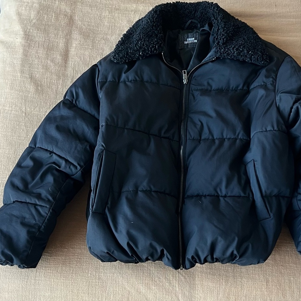 Urban Outfitters Black Puffer Jacket with Sherpa Collar